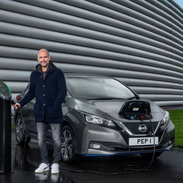Pep Guardiola and his Nissan LEAF charging